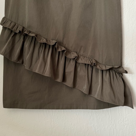 PINKO V-Neck Ruffle Olive Green Brown Sleeveless A-Line Dress Size 6 - Picture 2 of 16